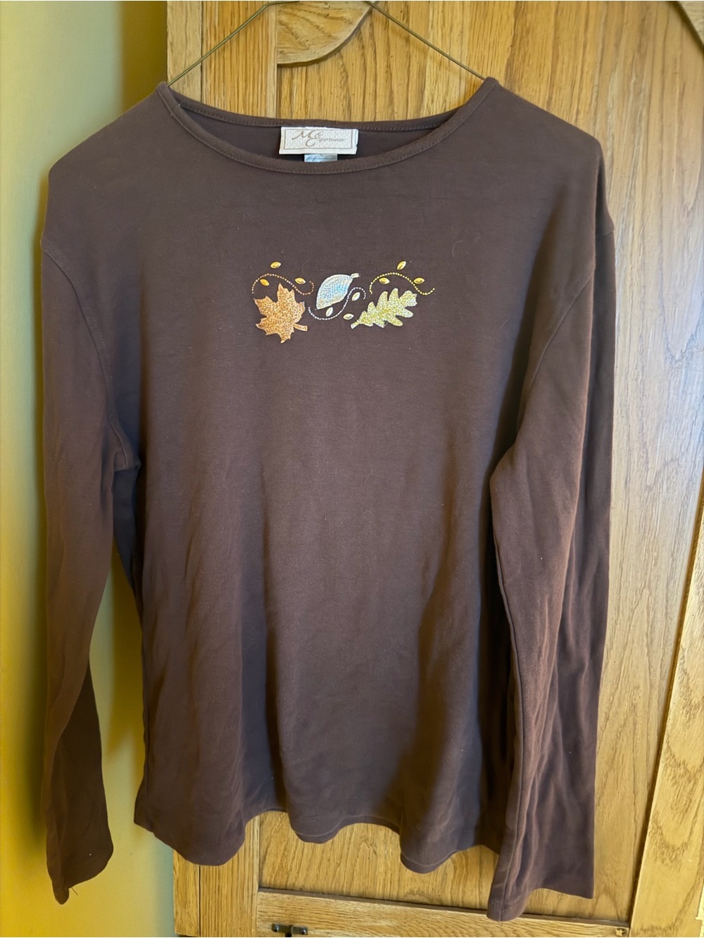 M & C Woman’s Brown Long-Sleeve Autumn Gold Leaf Top
